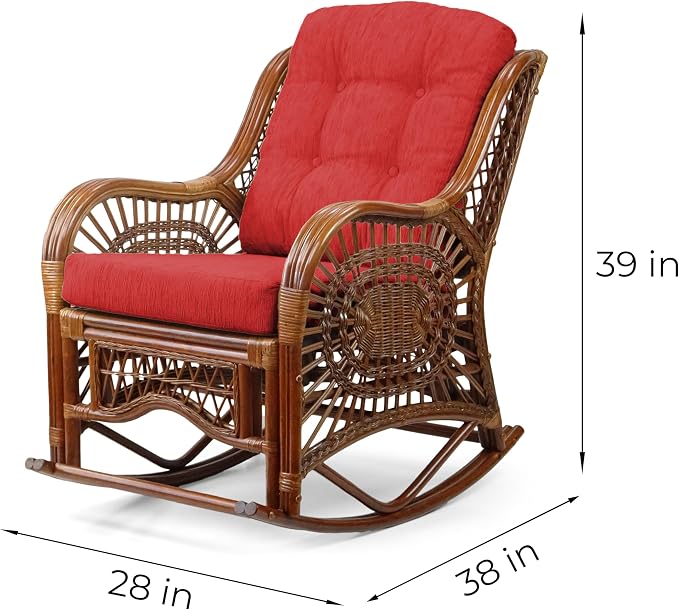 Malibu Handmade Natural Rattan Living Room Set of 2 Rocking Lounge Chairs and Round Coffee Table with Glass, Colonial Color, Red Cushions