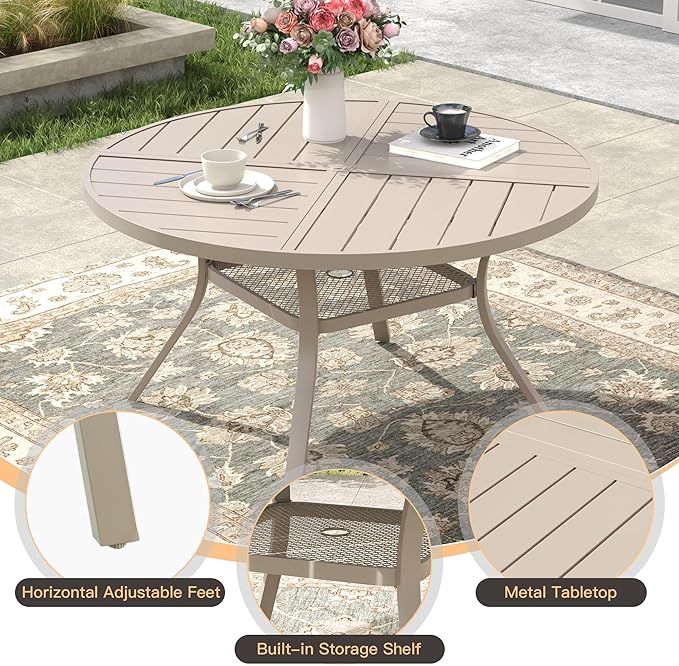 7 Pieces Outdoor Dining Set, Stackable Textilene Paito Chairs & 47.1" Round Dining Table with Umbrella Hole and Shelf, Patio Dining Set for Backyard, Deck, Garden, Sandshell