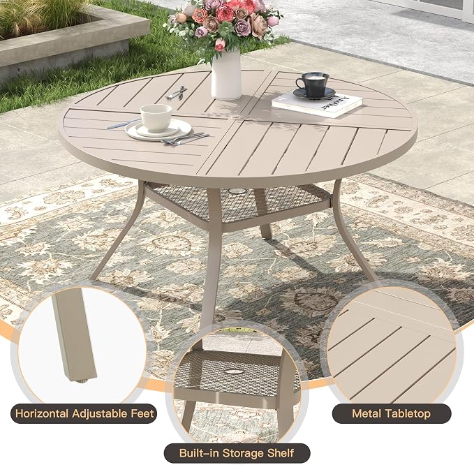 7 Pieces Outdoor Dining Set, Stackable Textilene Paito Chairs & 47.1" Round Dining Table with Umbrella Hole and Shelf, Patio Dining Set for Backyard, Deck, Garden, Sandshell