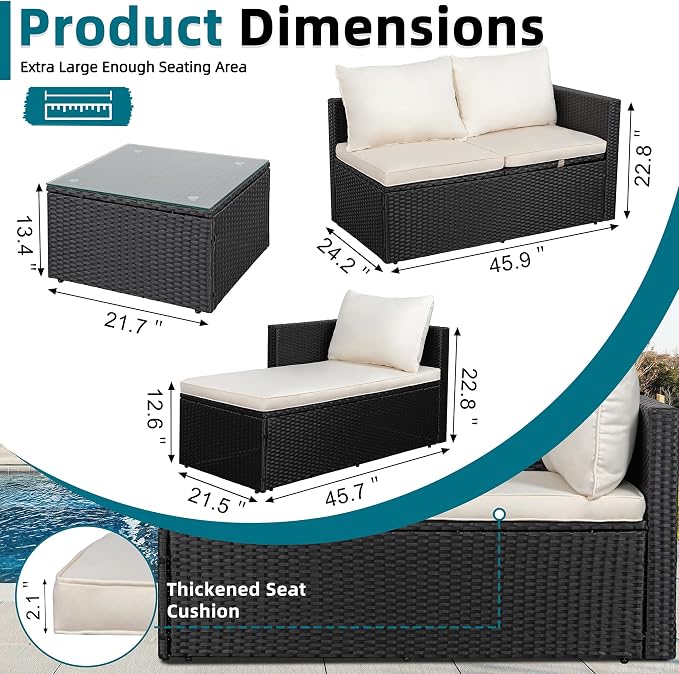 SUNLEI 4-Piece Patio Furniture Set with 43" Propane Fire Pit Table, Outdoor Wicker Sectional Sofa Set, All-Weather Conversation Set for Backyard, Poolside, Garden, Beige Cushions