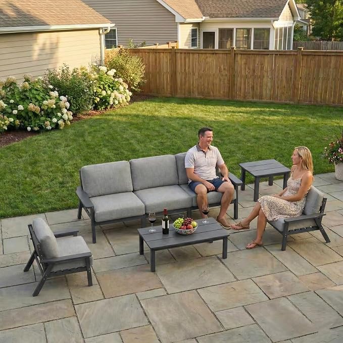 Kingdura HDPE Patio Furniture Set, 9 Piece Outdoor Sectional Sofa with Coffee Table, All Weather Outdoor Couch Conversation Set with Washable Cushions for Backyard Poolside Balcony