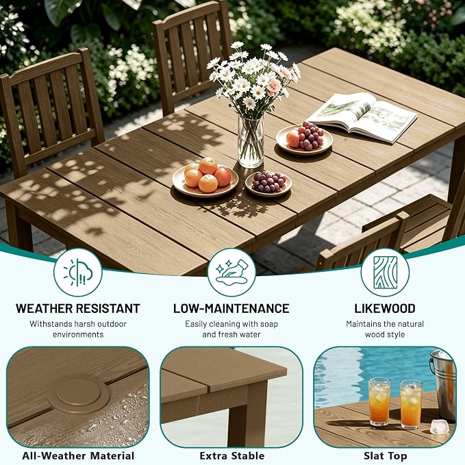 PLUUV 5-Piece Outdoor Dining Set – HDPE Patio Furniture with Aluminum Table, Umbrella Hole, and 4 Armless Chairs, All-Weather Resistant for Garden & Backyard, Brown