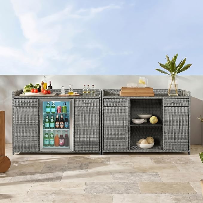 RUNNA 53.5" W Outdoor Wicker Storage Cabinet with Fridge Space,Weatherproof Outdoor Mini Fridge Bar Cabinet with Adjustable Shelves & Drawers for Pool Towel Storage,Garden,Kitchen (Grey#64)