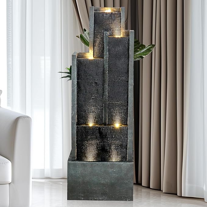 SunJet 5-Tiers Indoor/Outdoor Garden Water Fountain - 50.7inches Modern Floor-Standing Cascading Water Feature - Suitable for Deck, Patio, Porch, Yard Decor