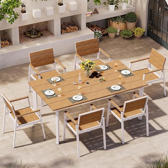 Aluminum Outdoor Dining Set for 6, Patio Table and Chairs Set with Umbrella Hole, 7 Pieces HDPS Outdoor Furniture Sets for Patio, Garden (White & Teak)