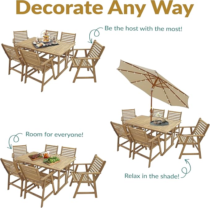 Sunnydaze 7-Piece Patio Dining Set for 6 - Hatteras Acacia Wood Outdoor Dining Set with Umbrella Hole - Outdoor Table and Chairs for 6