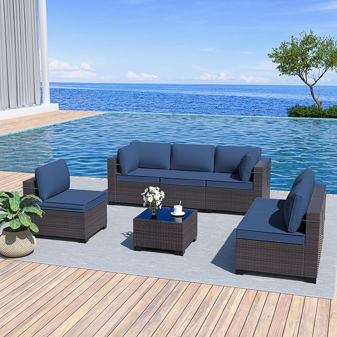 Patio Furniture Set 7PCS Outdoor Furniture for Backyard Sectional Sofa Set, Rattan Wicker Patio Conversation Set with 4 Inch Thickened Cushions and Glass Coffee Table, Navy Blue