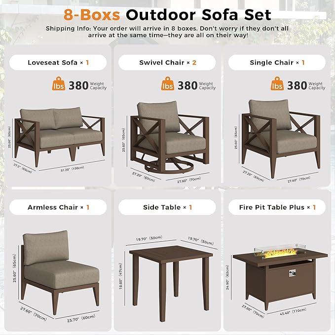 Aluminum 7-Seats Outdoor Patio Furniture Set with 43" Fire Pit Table, Sectional Conversation Sofa with 5.2" Thick Cushions & Swivel Rocking Chairs, Rust-Resistant Frame Sofa for Backyard, Brown