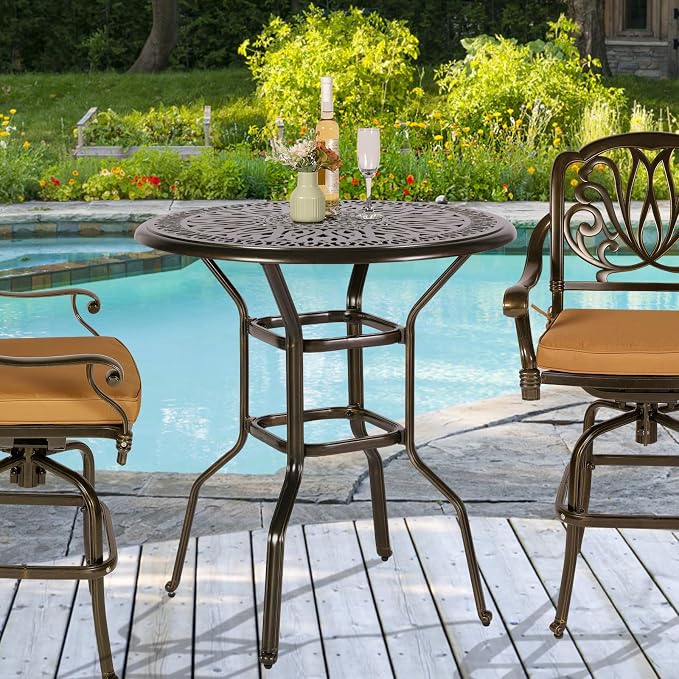 Cast Aluminum Patio Bar Table, 35.4" Outdoor Bar Height Bistro Table with 2" Umbrella Hole, Patio Bistro Round High Top Dining Table Pub Table for Porch Balcony Backyard, Dark Bronze