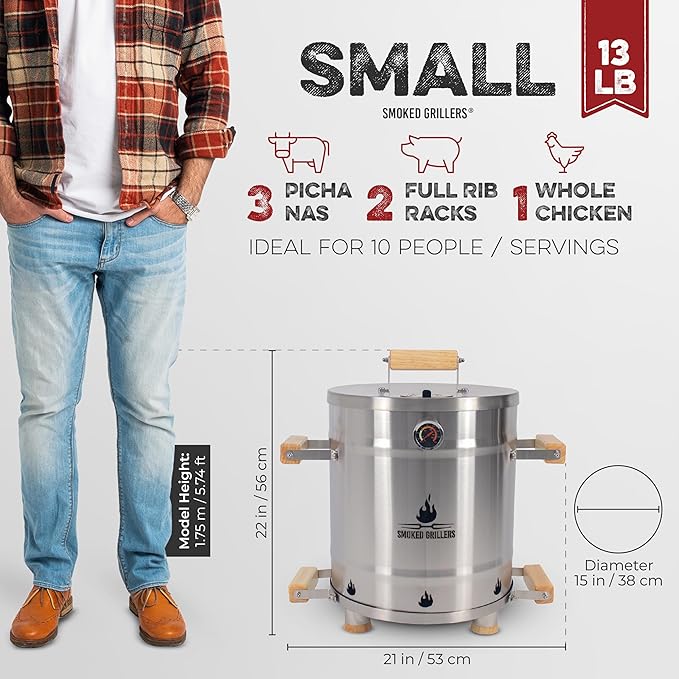 Barrel Smoker Grill Combo | 100% 304 Stainless Steel Barrel | 95% Less Smoke, Even Heat | Easy to Use & Clean – Vertical Smoker Ideal for Balconies and Backyards (SMALL-13 LBS)