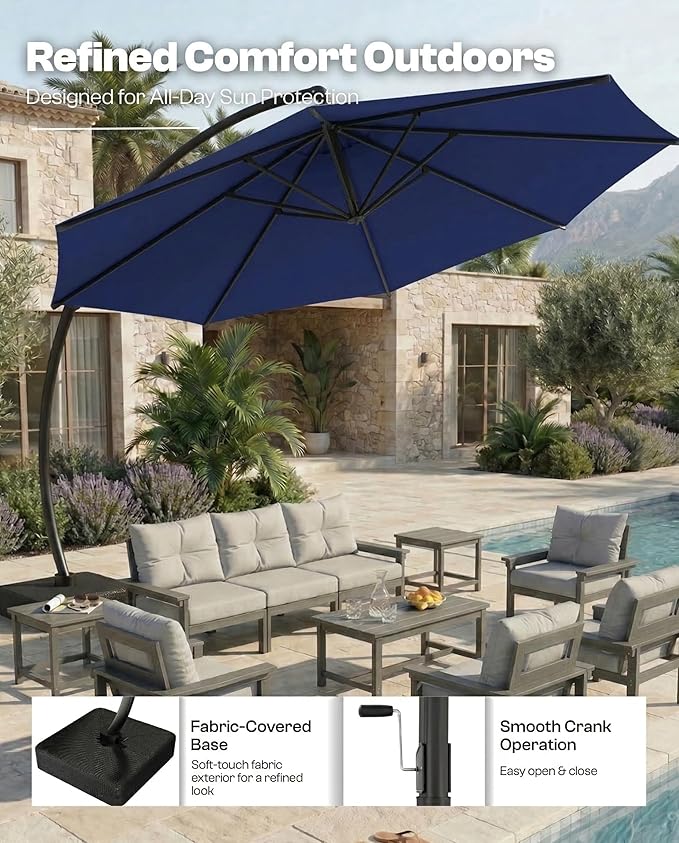 11 FT Cantilever Umbrella with Base Included, Large Round 360° Rotation Offset Umbrella Outdoor Patio, Heavy Duty Aluminum Frame, Sand-Weighted Stand, for Deck, Backyard, Pool, Garden (Navy Blue)
