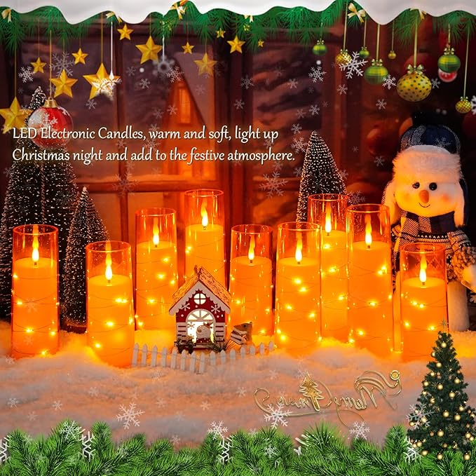 kakoya Flameless LED Candles with Timer 9 Pc Flickering Flameless Candles for Romantic Ambiance and Home Decoration Stable Acrylic Shell,with Embedded Star String，Battery Operated Candles（Orange）
