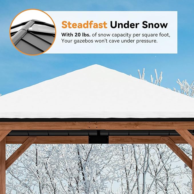 Modern Shade Tranquil Grove Wood Gazebo 11' x 11', Hardtop Gazebo Permanent with Galvanized Steel Roof, Cedar Outdoor Gazebo with Sturdy Hooks for Garden, Backyard, Patio and Deck