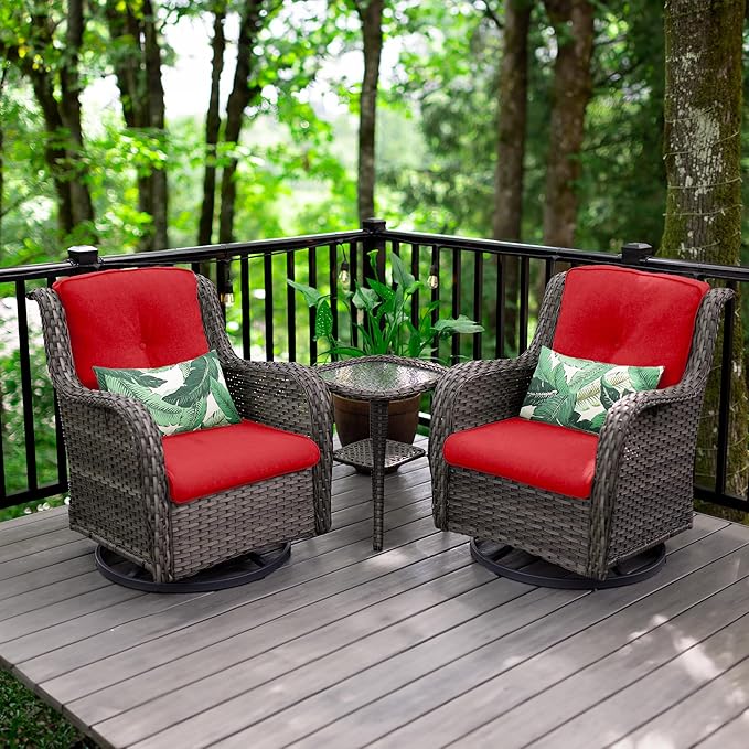 Outdoor 360 Degree Swivel Rocker Patio Chairs Sets of 2 and Matching Side Table - 3 Piece Patio Wicker Glider Chairs with Olefin Cushions(Mixed Grey/Red)