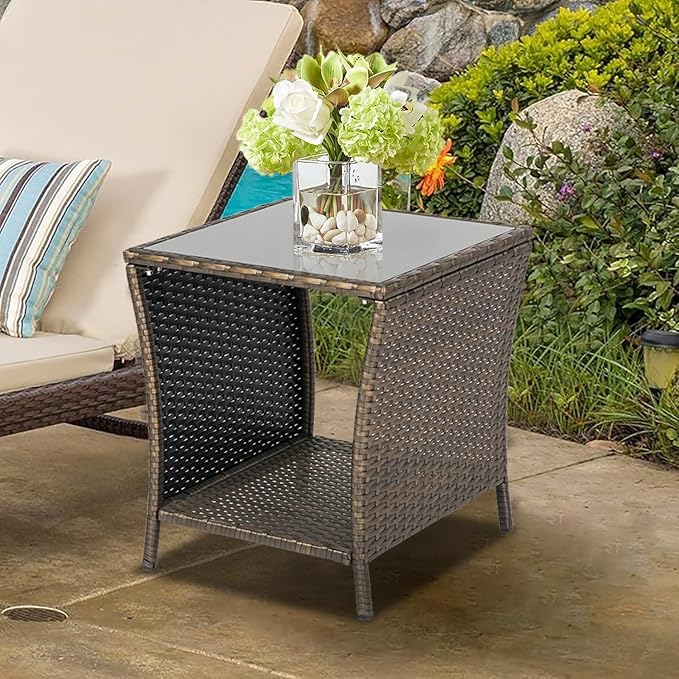 Kinsuite PE Rattan Patio Side Table - Outdoor Wicker End Table with Glass Top, Rattan Coffe Table in Iron Frame for Backyard Balcony Poolside, Dark Blonde