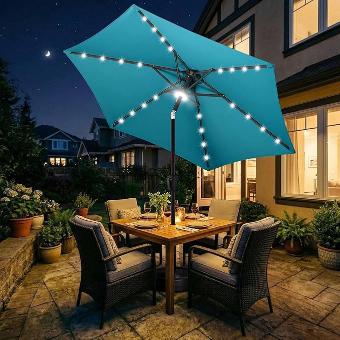 Jarka&Co 7.5ft Solar Patio Umbrella - Lighted Solar Outdoor Umbrella with 24 LED Lights Waterprool UV Protection, Market Table Umbrella with Tilt for Backyard, Garden, Pool, Porch (Aqua Blue)