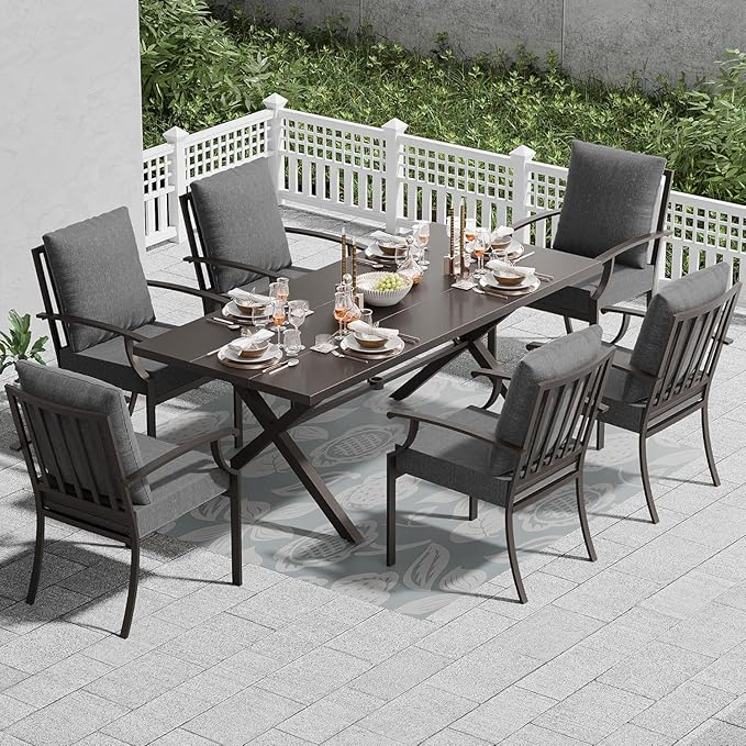 7 Piece Outdoor Dining Set for 6, Metal Patio Table and Chairs with Cushions, Patio Furniture Set with 6 Stackable Chairs, Rectangular Patio Dining Table with Umbrella Hole, Lawn Deck, Yard-Grey