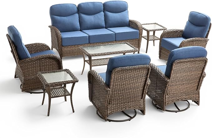 8 Pieces Luxury Outdoor Patio Furniture Set with 6-Inch Thick Cushions, Wicker Outdoor Furniture with High Back Swivel Patio Chairs Set of 4, Patio Conversation Set for Deck Garden Porch, Blue
