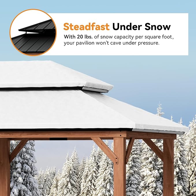 Modern Shade Rosewood Wood Gazebo 12' x 20', Hardtop Gazebo Permanent with Double Galvanized Steel Roof, Cedar Outdoor Gazebo with Sturdy Hooks for Garden, Backyard, Patio, and Deck