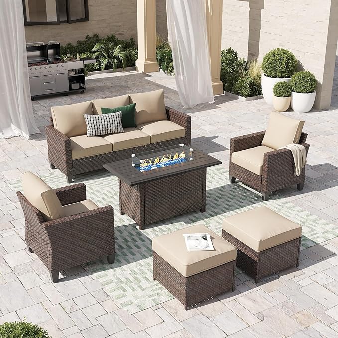 SUNSITT Outdoor Patio Furniture Set with Fire Pit Table 6 Piece Wicker Conversation Set with 43in Propane Firepit Sectional Dining Set 3 Seat Sofa Couch with Ottoman, Brown Wicker & Beige Cushion