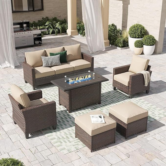 SUNSITT Outdoor Patio Furniture Set with Fire Pit Table 6 Piece Wicker Conversation Set with 43in Propane Firepit Sectional Dining Set 3 Seat Sofa Couch with Ottoman, Brown Wicker & Beige Cushion