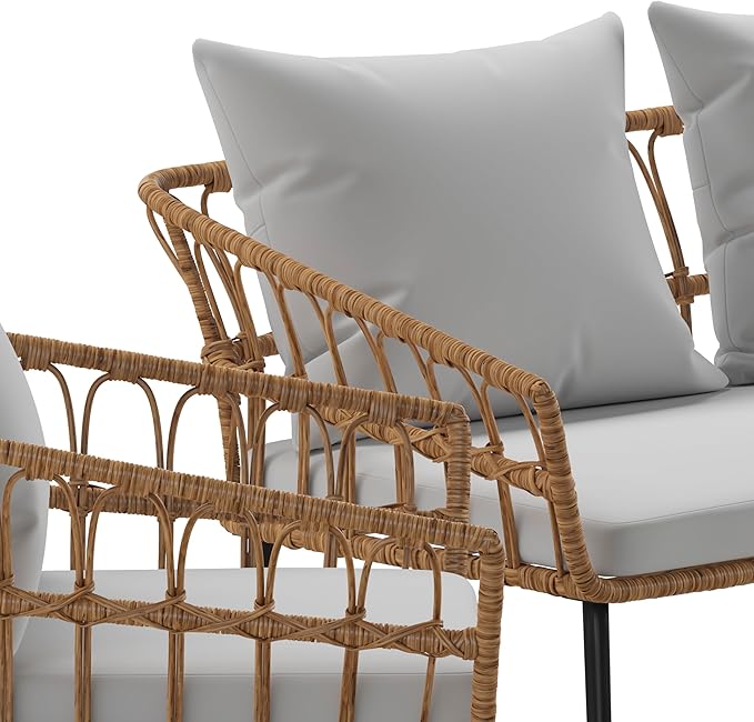 Flash Furniture Evin Boho 4 Piece Patio Conversation Set - Natural Rope Rattan - Gray All-Weather Cushions - Tempered Glass Top Coffee Table - Indoor/Outdoor
