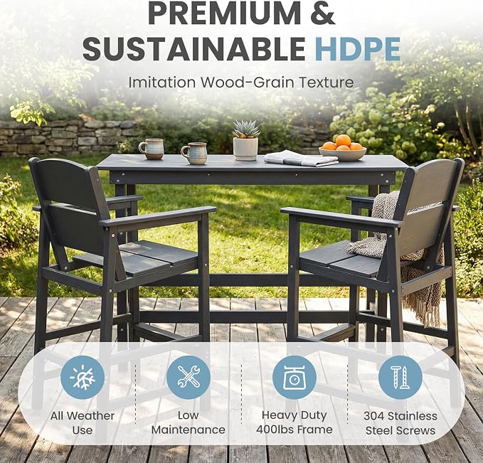 HDPE Outdoor Bar Height Chairs Set of 6, 28.5" Seat All-Weather High Top Patio Stools with Backrest, Heavy Duty Patio Bar Stools with Arms, High Top Outdoor Chairs for Deck/Party/Pool, Grey