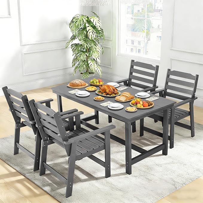 FUNBERRY Outdoor Dining Set, HDPE 5 Piece Dining Table Set with Chairs | 2" Umbrella Hole Table, Wood-Grain, HDPE All Weather, No Rot or Rust or Crack, UV Fade Shield, Easy-Clean for Outside