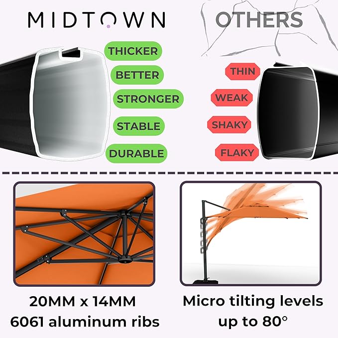 Midtown Umbrellas 9 x 9 Ft Outdoor Cantilever Patio Umbrella w/Terylast Tangerine Fabric - Rotate 360° Offset Patio Umbrella, Deck Patio Umbrella, Backyard Umbrella & Garden Umbrella - Black Frame