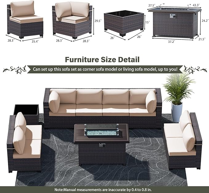 10 Pieces Outdoor Patio Furniture Set,Outdoor Sectional Furniture with 43" 55000 BTU Gas Propane Fire Pit Table,All Weather PE Rattan Wicker Patio Conversation Set,Sand