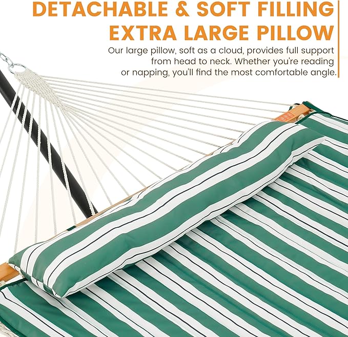 Lazy Daze Hammocks Rope Hammock with Pad, Spreader Bar, Carabiners, Tree Straps, Chains for Outside Patio- Max 450 Lbs, Green White Stripes