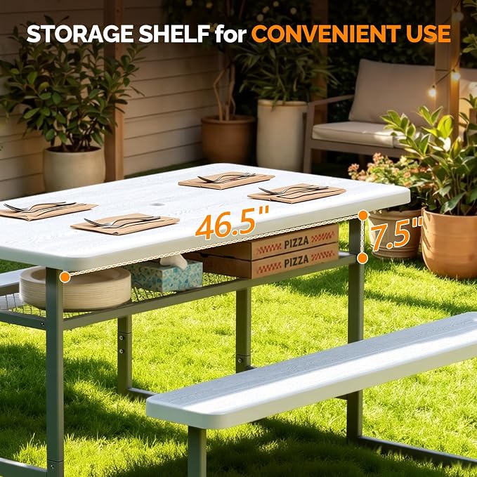 VINGLI 4.5ft Outdoor Picnic Table with Storage Shelf & 7.5 ft Umbrella, Wood Grain HDPE Top with Metal Frame Plastic Picnic Table for Dining Party Garden (White Table)