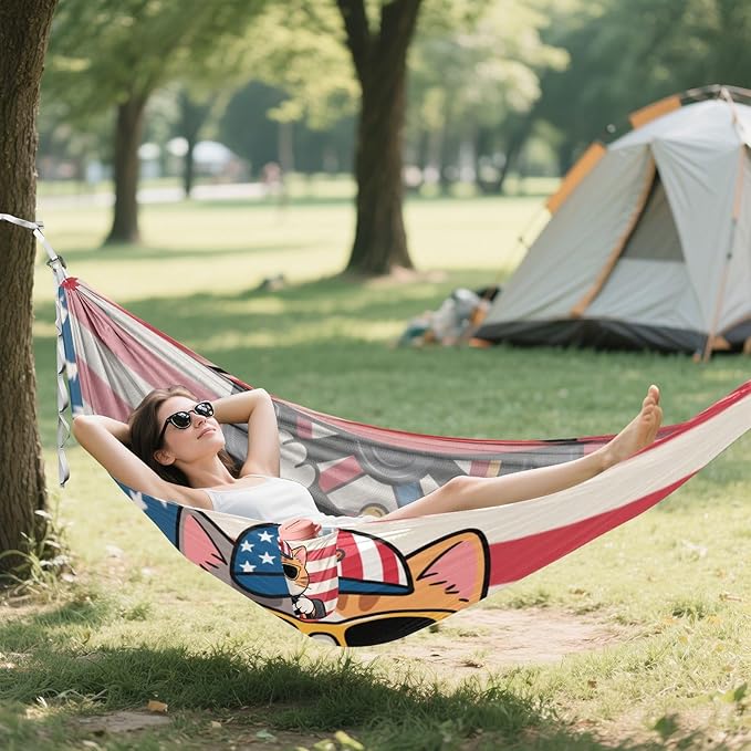 Cartoon Cute Yellow Cat 4th of July Independence Day 330lb Capacity Outdoor Hammock with Hanging Rope Cloth Hammock for Outside Patio Backyard Poolside hamaca de Algodon para Jardin