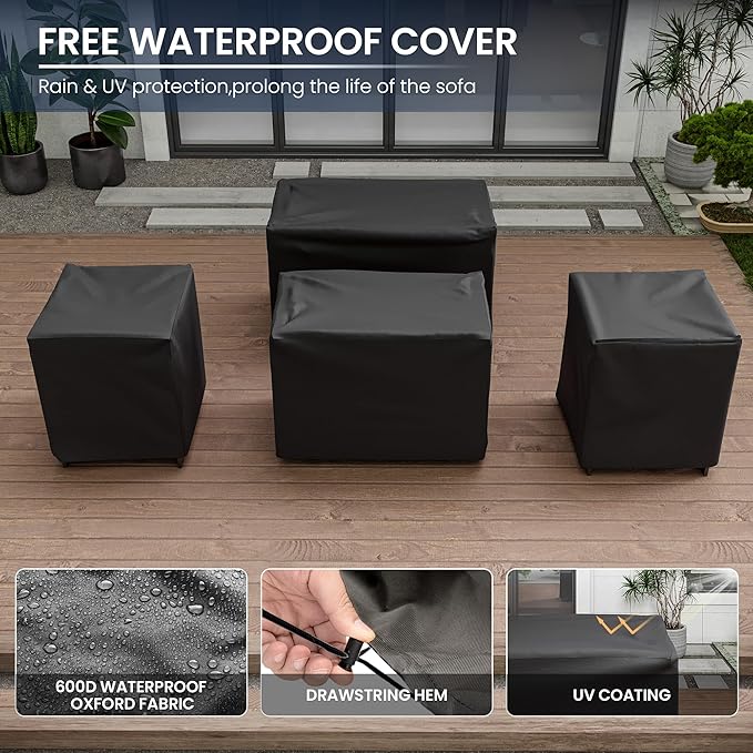 Amopatio Patio Furniture with Fire Pit, 5 Pcs Aluminum Outdoor Sectional Metal Patio Sofa Sets with Aluminum Fire Pit Table for Backyard,Dark Grey&Blue(Included Waterproof Covers)
