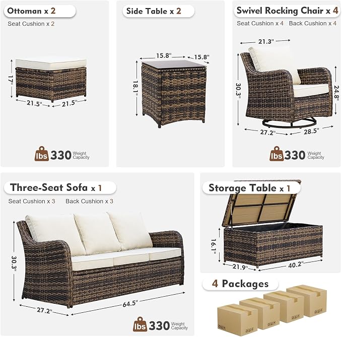 MEISSALIVVE Patio Furniture Set with Swivel Rocking Chairs, 10 Pieces Patio Conversation Set, Outdoor Wicker Sofa Couch with Waterproof Cushions for Lawn Backyard Porch (Brown)