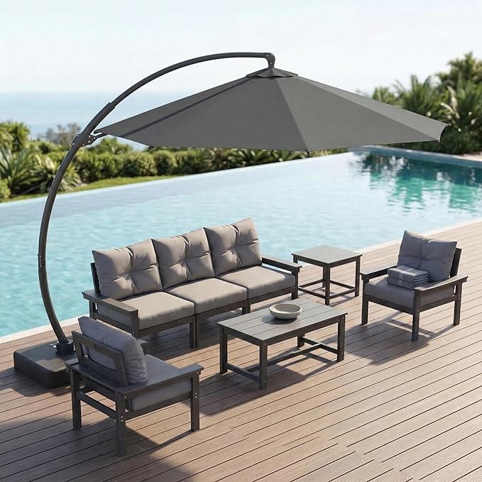 12 FT Cantilever Umbrella with Base Included, Large Round 360° Rotation Offset Umbrella Outdoor Patio, Heavy Duty Aluminum Frame, Sand-Weighted Stand, for Deck, Backyard, Pool, Garden (Grey)