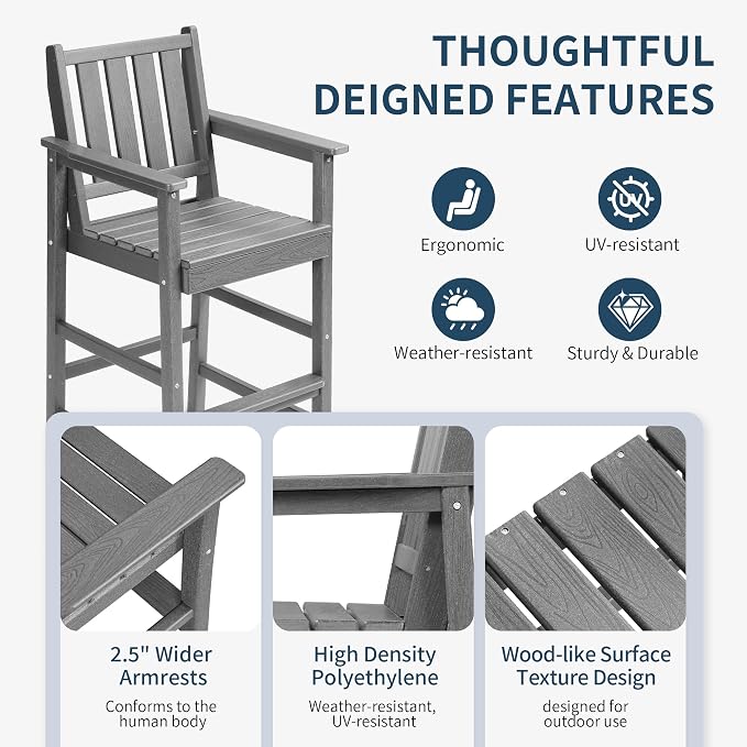 3-Piece Outdoor Bar Table and Chairs Set, HDPE Counter Height Patio Dining Sets, Adirondack Bar Height Chairs Set of 2 and Bar Table for Bistro, Poolside, Backyard, Grey