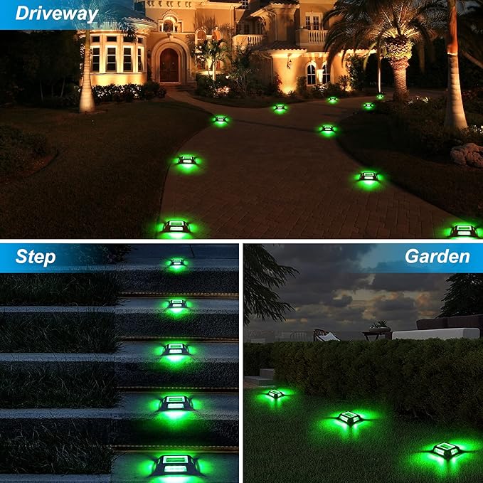 Solar Green Deck Lights Driveway Dock Lights St. Patrick's Day Decor Light- 8 Packs Waterproof 1200mAh Outdoor LED Aluminum Dock Lighting Road Markers for Driveway Sidewalk Garden Pathway Yard