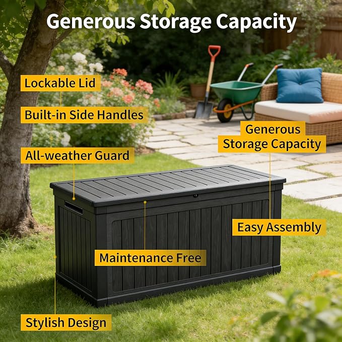 230 Gallon Lockable Resin Deck Box, Waterproof Outdoor Storage Box for Patio Furniture Cushions, Garden Tools & Pool Accessories Storage, Black