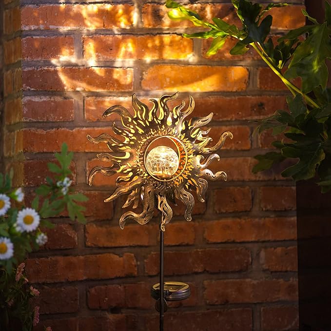 Hapjoy Solar Lights Outdoor Garden Decor Solar Powered Sun Lantern for Yard, Patio,Lawn or Pathway Sun Decorations Crackle Glass Globe Stake Metal Lights Waterproof Warm LED Garden Pathway