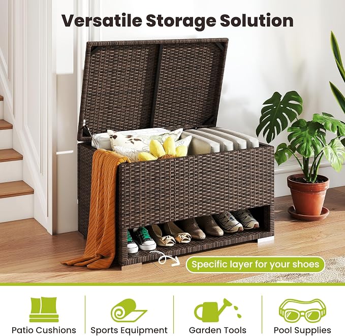 RELAXLIFE 48-Gallon Outdoor Storage Box - PE Wicker Patio Storage Bin w/Shoe Rack Shelf, Protective Liner for Cushion, Garden Tools, Pool Supplies, Backyard Pillows, Outside Furniture Rattan Deck Box