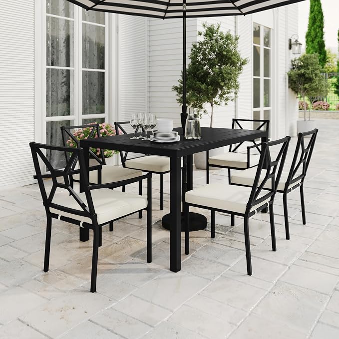 Martha Stewart Lily Pond 60" All-Weather Patio Table with Slatted Tabletop, Umbrella Hole, and Steel Frame in Black