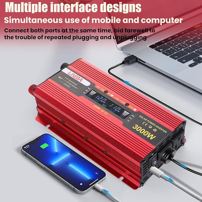 3000 Watt Power Inverter with LED Display,Dual AC Outlets,USB Port, 24V DC to 110V AC Converter Car Power Inverter for Vehicles, Car, RV, Truck, Off Grid Solar System, Outdoor Camping