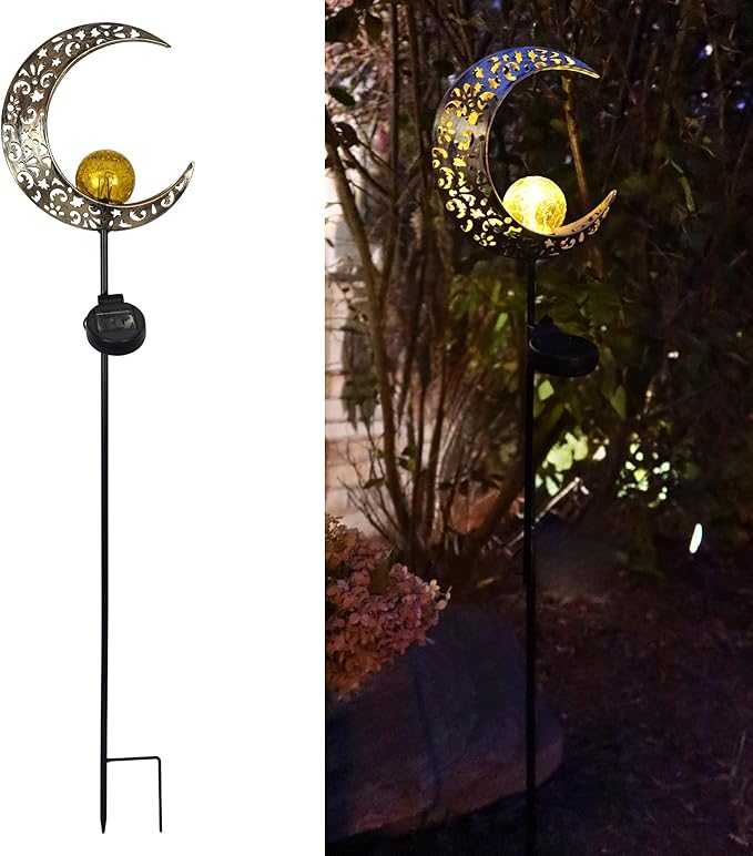 MCSSMOON Solar LED Crescent Moon Garden Light – Waterproof Metal Stake with Crackled Glass Globe