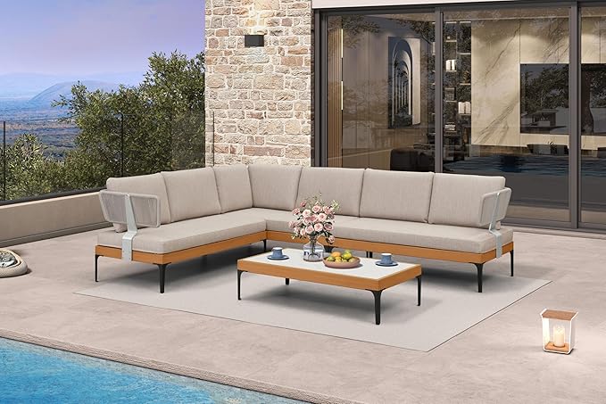 PURPLE LEAF Patio Furniture Set Outdoor Sectional Sofa with Coffee Table Cushions and Pillows Wicker L-Shaped 7 Pieces Aluminum Conversation Sets for Balcony Yard Garden Poolside, Oatmeal Greige