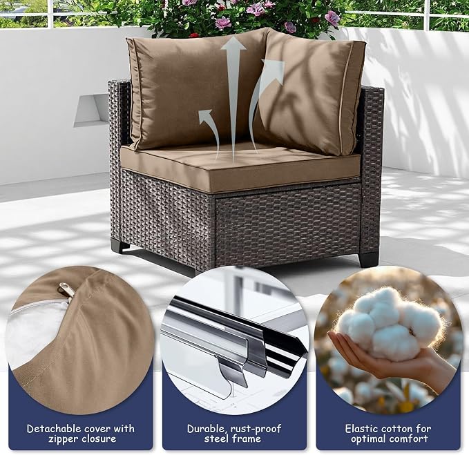 7-Piece Outdoor Patio Furniture Set, Brown PE Rattan Weaving Sofa with Dark Khaki Cushions and Steel Frame, Coffe Table Included, Outdoor Conversation Set