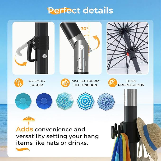 HOMEDEMO 8FT Large Beach Umbrella with Weight Bag & Sand Anchor, Outdoor Umbrellas with Adjustable Aluminum Pole and Table, Heavy Duty Windproof & UPF 50+