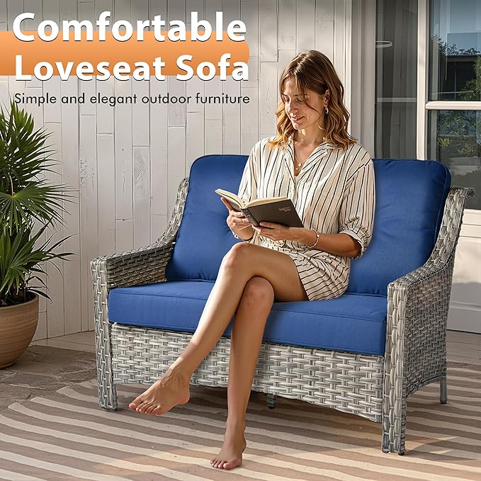 6 PCS Outdoor Patio Furniture Sets,Patio Conversation Sets Outside Rattan Soft Cushion Sofa with 2 Wicker Rocking Chairs & 54 in Fire Pit Table Fit Backyard Porch Garden Poolside Balcony,Navy Blue