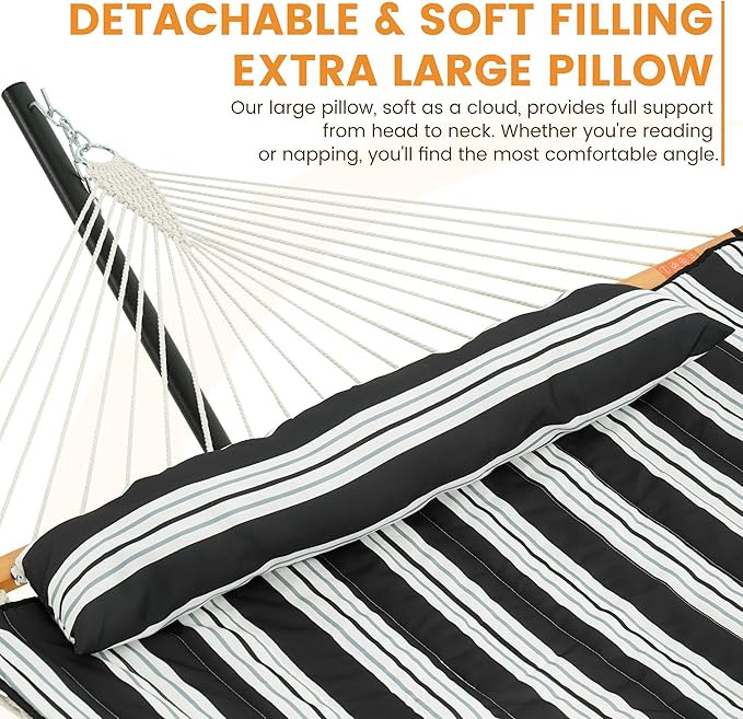 Lazy Daze Hammocks Rope Hammock with Pad, Spreader Bar, Carabiners, Tree Straps, Chains for Outside Patio- Max 450 Lbs, Black White Stripes