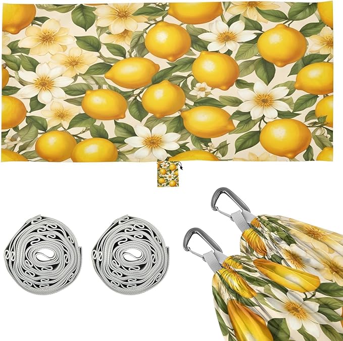 Hammocks for Outside Lemon Print Flower Camping Hammock Portable Hammocks with Tree Straps and Carry Bag Camping Accessories for Hiking Beach Outdoor